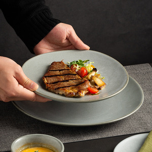 Plato para servir de cerámica de estilo occidental vintage, plato para carne en forma gris, adecuado para el hogar y el restaurante, vajilla occidental - Product Image 2