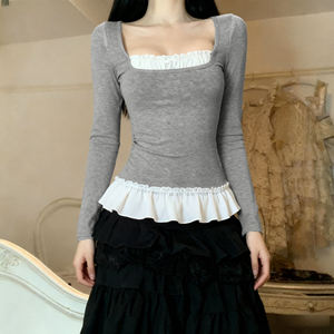 Sweet Style Peter Pan Collar Contrast <b>Patchwork</b> Square Neck Slim Fit Long Sleeve <b>Top</b> Waist-Cinching Pleated Ruffle Hem T-Shirt - Product Image 5