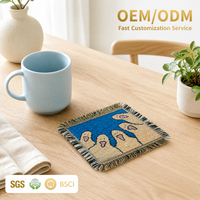 Sous-verre carré en jacquard, motif groupe de canards mignons, bord à pompons, résistant à la chaleur, pour table à manger, cadeau de pendaison de crémaillère