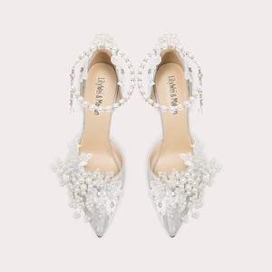 Sandalias y Tacones Altos con Decoración Floral en el Tobillo, Cadena de Perlas de Cristal Plateado, Punta en Pico, Decoración con Cadena de Perlas, Tallas Grandes - Product Image 3