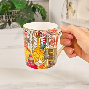 Taza de Café de Porcelana Fina con Diseño Vibrante de Paisaje Urbano, Borde Dorado, Resistente al Calor, Apta para Lavavajillas y Microondas - Product Image 6