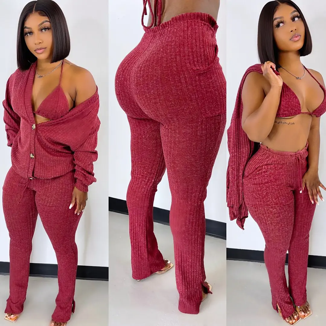 Fall Women Clothes Customized Sweater Pants sets women Sweatsuit Tracksuit 3 Piece Bra Pants Set Skims Lounge Wear