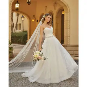 Hot sell princess style floor length Heart shape bodice pretty bride white illusion party bridal gowns wedding dress