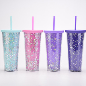 Nouvelle tasse à double paroi de 24 oz pour hommes et femmes, avec <span class=keywords><strong>paillettes</strong></span> brillantes, tasse à eau créative avec paille, style européen - Product Image 2