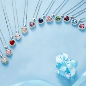 Moda kalp tasarım toptan gümüş Birthstone Charms kolye