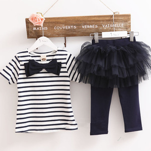 Conjunto de Dos Piezas de Verano para Niñas, Camiseta Corta a Rayas y Leggings con Falda, Algodón, Venta al Por Mayor - Product Image 1