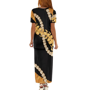 Tùy Chỉnh Của Phụ Nữ Mùa Hè Maxi Dress Với Hibiscus In Polynesian Tribal Thiết Kế Có Thể Giặt Hai Mảnh Buổi Tối Ngắn Tay Áo Ăn Mặc - Product Image 3