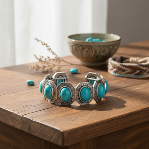 Bracciale in pietra turchese con perline e placcatura in oro in stile bohémien braccialetti religiosi in acciaio inossidabile - Product Image 4