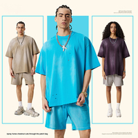 T-shirt Streetwear Américain 285G Teint à la Cire Effet Vintage Délavé et Détails Déchirés Col Rond Ample et Oversize pour la Vente en Gros