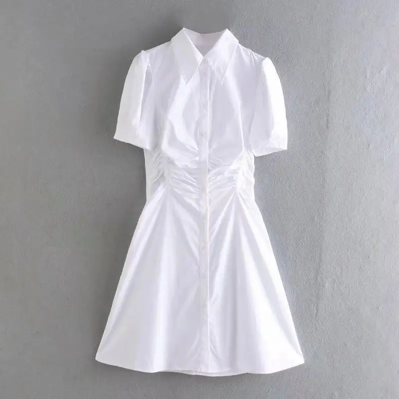 Vestido femenino informal de verano con manga corta, traje ajustado de color liso con cintura plisada, color blanco, alta calidad, SH1235, 2022