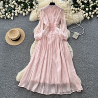 Robe trapèze à fleurs 3D estampées à chaud, col montant, manches bouffantes, taille cintrée, pour femme