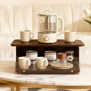 Coffee <b>Storage</b> Rack 2 Tier Wood With Glass Tray For Living Room Tableware Organization - Product Image 1