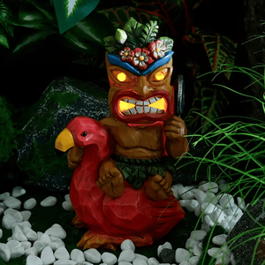 Estatua Colorida de Dios Tiki Montando un Flamenco, Escultura de Madera Tallada a Mano con Falda de Hojas, Arte Tropical Polinesio en Resina - Product Image 6