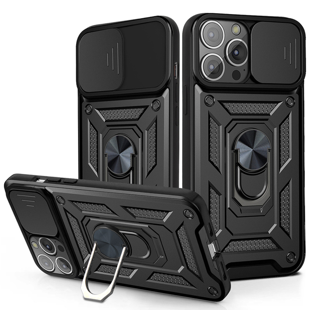 For iPhone 14 13 12 11 Pro Max Back Cover Slide Camera Protection Rotate Ring Kickstand Wholesale Armor Phone Case Shockproof