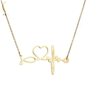 Fashion italian custom stainless steel jewelry rose gold love heart rate beats clavicle chain necklace