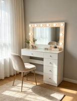 Table de maquillage Voxhome avec miroir éclairé, plusieurs tiroirs, plateau en verre, table de toilette pour chambre à coucher, salon, meubles