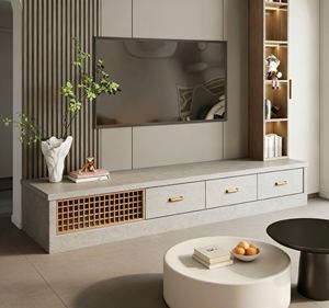 Minimalist Oriental-Style <b>TV</b> Stand - Sleek Living Room Furniture with Wooden Grid Accents & Integrated Storage Organization - Product Image 4