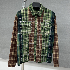 เสื้อเชิ้ตแขนยาวลายสก็อตแบบโอเวอร์ไซส์สไตล์สตรีทแวร์ ดีไซน์เนอร์ ผ้าฟลานเนล ล้างสีแบบแอซิดวอช พร้อมโลโก้แบบกำหนดเอง ประดับด้วยคริสตัลสำหรับผู้ชาย - Product Image 5