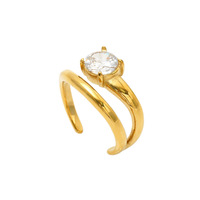 Bague ouverte réglable classique en acier inoxydable à double couche plaquée or 18 carats avec zircon clair incrusté