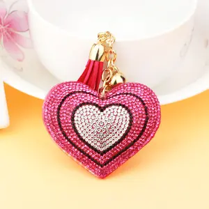 Luxus rosa Pfirsich Herz Quaste Schlüssel bund benutzer definierte Glitter Strass Herz Schlüssel bund