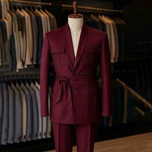 <span class=keywords><strong>Costume</strong></span> homme bleu marine avec ceinture, revers châle, coupe ajustée, blazer simple boutonnage, vêtement de luxe 2 pièces (veste et pantalon) pour le quotidien - Product Image 4