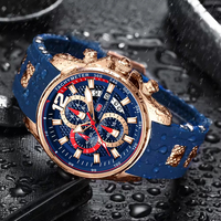 Montre à quartz pour homme MINI FOCUS 0350G, chronographe, tachymètre, bracelet en silicone bleu, sport, étanche, avec date