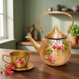 Golden Floral Tea Kettle With <b>Lid</b> Metal Handle Water <b>Pot</b> Flower Design - Product Image 2