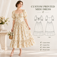 Robe midi personnalisée pour femme, légère, tissée, à imprimé floral, avec buste froncé, manches bouffantes, poignets froncés et ourlet à volants, coupe trapèze
