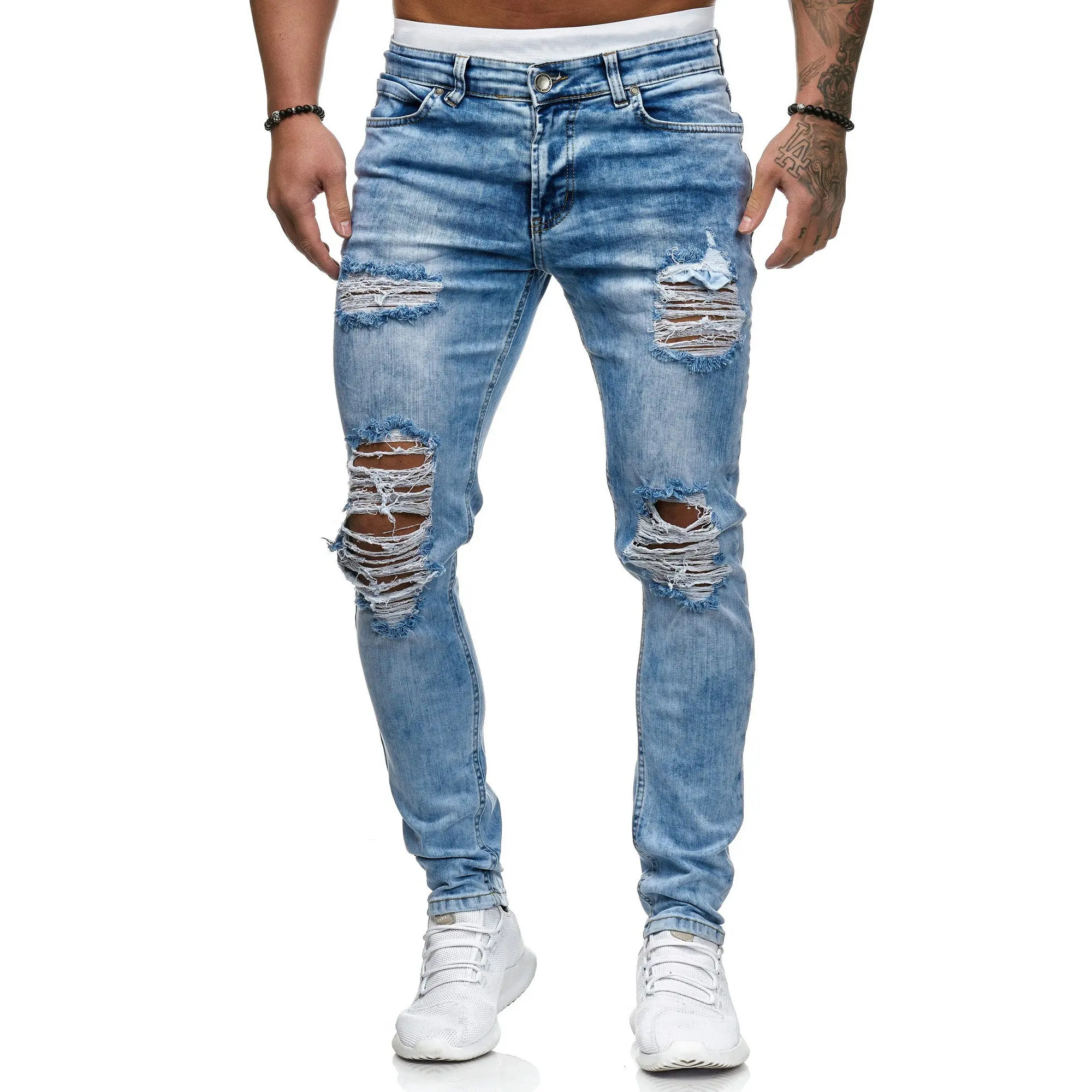 Wholesale custom mens cotton ripped pants distressed stylish designer skinny homme fit slim man stretch denim jeans for men