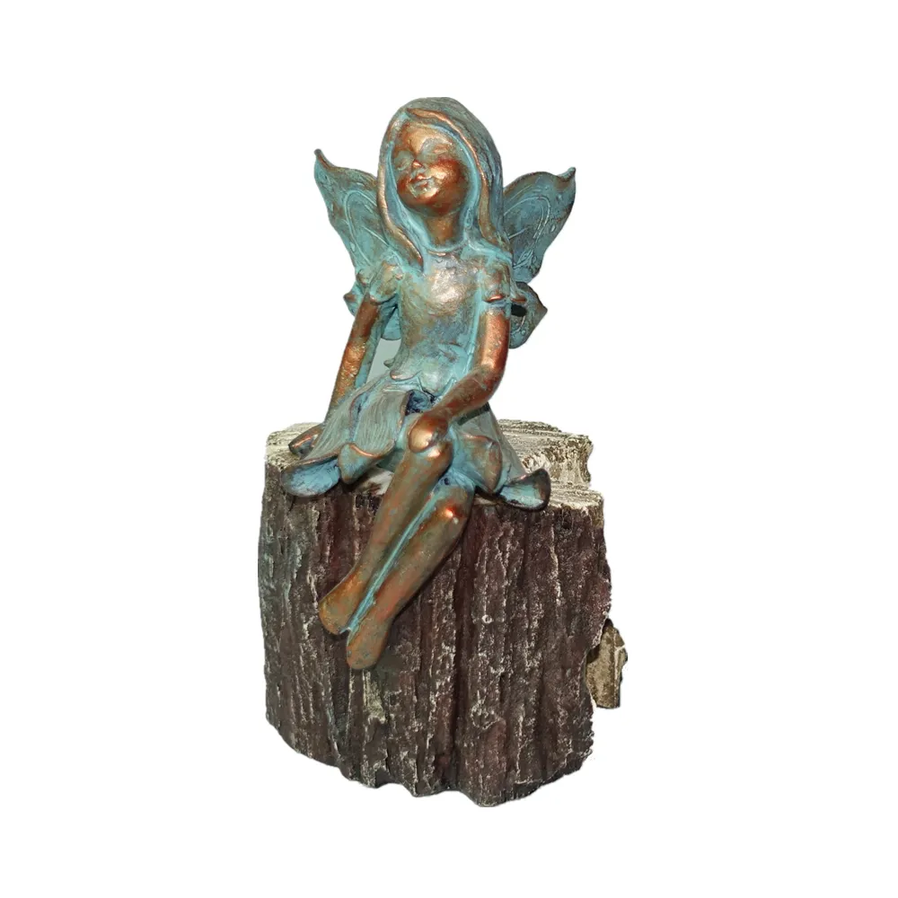 Mini Garden Decor Bronze Harz Mini Fairy Angel Figur auf Baumstumpf Dekoration Fairy Garden Angel Skulptur