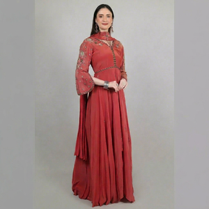 Colección Glam Étnica de Moda, Vestido de Diseñador de 3 Piezas para Mujer, Color Ladrillo, con Cuentas de Lentejuelas y Bordado - Product Image 1