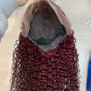 Parrucche <span class=keywords><strong>Jerry</strong></span> Curly Double Drawn 13*4 Lace Frontal Rosso Borgogna Scuro con Capelli Umani Vietnamiti Allineati alle Cuticole e Frangia per Donna - Product Image 5