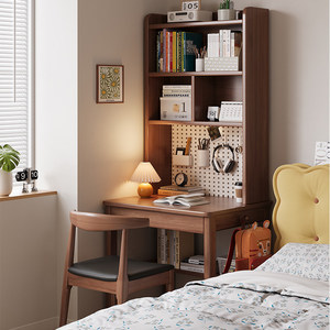 <b>Mini</b> Solid Wood <b>Desk</b> With Bookshelf Integrated Study Table For Home Bedroom Computer Use Rubberwood Minimalist Modern Style - Product Image 2