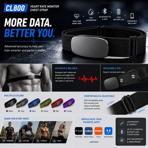 Moniteur de fréquence cardiaque xBandi CL800 avec sangle pectorale, Bluetooth 5.0, étanche IP67, suivi de la forme physique en temps réel pour la course à pied, le cyclisme et le yoga - Product Image 1