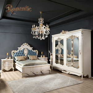 Set <span class=keywords><strong>Letto</strong></span> Matrimoniale <span class=keywords><strong>Grande</strong></span> in Legno Massello Bianco e Oro, Stile Classico Europeo, Adatto per Camere <span class=keywords><strong>da</strong></span> <span class=keywords><strong>Letto</strong></span> e Uso Alberghiero di Alta Gamma. - Product Image 1