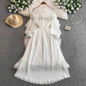 <span class=keywords><strong>Robe</strong></span> à manches longues pour femme, élégance printanière, fleurs en relief, ceintures à nouer, coupe trapèze plissée - Product Image 5