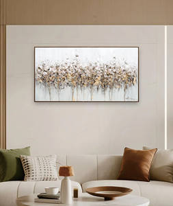 <span class=keywords><strong>Peinture</strong></span> à l'huile murale florale texturée peinte à la main : <span class=keywords><strong>Fleurs</strong></span> sauvages abstraites avec accents dorés sur fond clair - Product Image 2