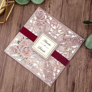 Couleur <span class=keywords><strong>or</strong></span> <span class=keywords><strong>Rose</strong></span> paillettes carrées découpées au Laser Invitation de mariage avec enveloppe fête université carte d'invitation - Product Image 3