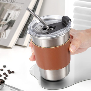 แก้วกาแฟสแตนเลสพกพา DF350 ขนาด 350 มล. พร้อมปลอกหนัง ป้องกันความร้อน ราคาถูก ผลิตในจีน ขายส่ง - Product Image 2