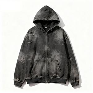 Sweat à capuche zippé tie-dye délavé noir pour homme, vêtement d'extérieur décontracté vintage pour le quotidien et les événements mode - Product Image 1