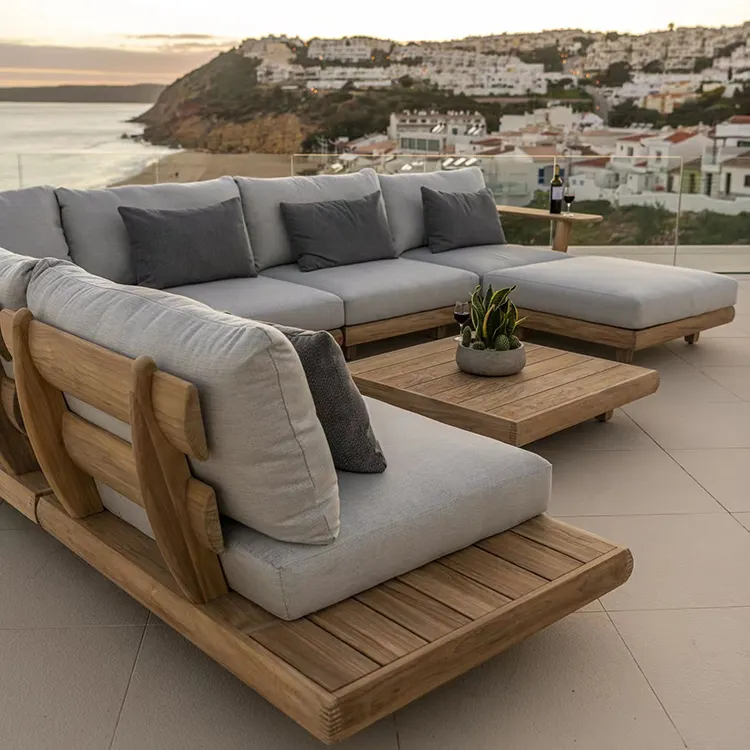 مجموعة أريكة حديثة من خشب الساج مع وسائد أريكة خارجية للحديقة والفناء وللفنادق أريكة خارجية