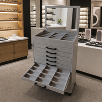 Nouvelle conception : Vitrine à lunettes en cuir gris avec miroir et tiroirs, organisateur d'échantillons pour le rangement des lunettes