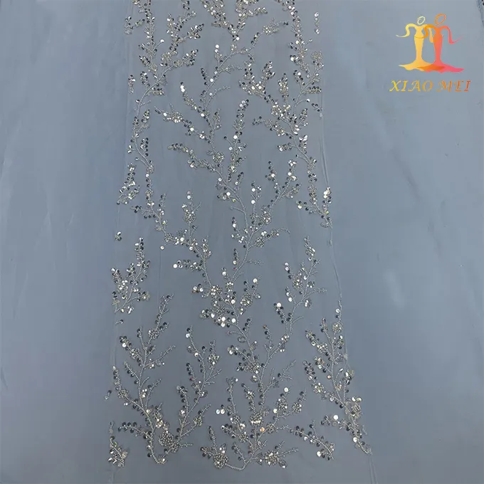 Phong Cách Mới Hóa Chất 100% Polyester Shiny Sequins Fancy Đính Cườm Thêu Vải Tuyn Ren Cho Cô Dâu Ăn Mặc