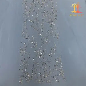 Nuevo estilo química 100% poliéster brillante lentejuelas elegante con cuentas de tul bordado tela de encaje para el vestido de novia