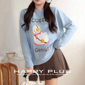 Pull en tricot pour femme Recoend Genius, motif canard de dessin animé, coupe ample, style hiver, bleu clair avec étiquette - Product Image 4