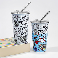 Gobelet à bière en acier inoxydable à changement de couleur réutilisable, activé par le froid, avec couvercle et paille, design personnalisé