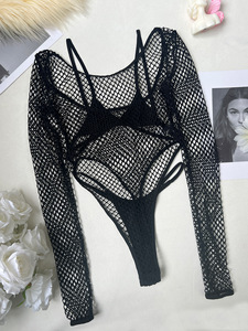 Black Long Sleeve Fishnet Bodysuit 3Pcs <b>Set</b> Mesh Triangle Bra Thong Women <b>Sexy</b> See‑Through Intimate Lingerie Suit Wholesale - Product Image 6