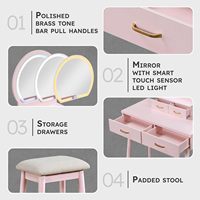 En gros Coiffeuse moderne en bois Lexicon avec miroir à éclairage LED (3 modes), 4 tiroirs, tabouret rembourré, petite coiffeuse de chambre