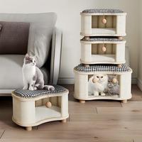Ganzjährig Nutzbares, Platzsparendes, Umweltfreundliches Holzoptik Katzen- & Hundehaus mit Bett und Hocker für den Heimgebrauch