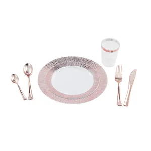 塑料玫瑰金勺子和叉子一次性盘子和餐具 25 个 7.5 “25 个 10.25” 25 刀月月勺叉